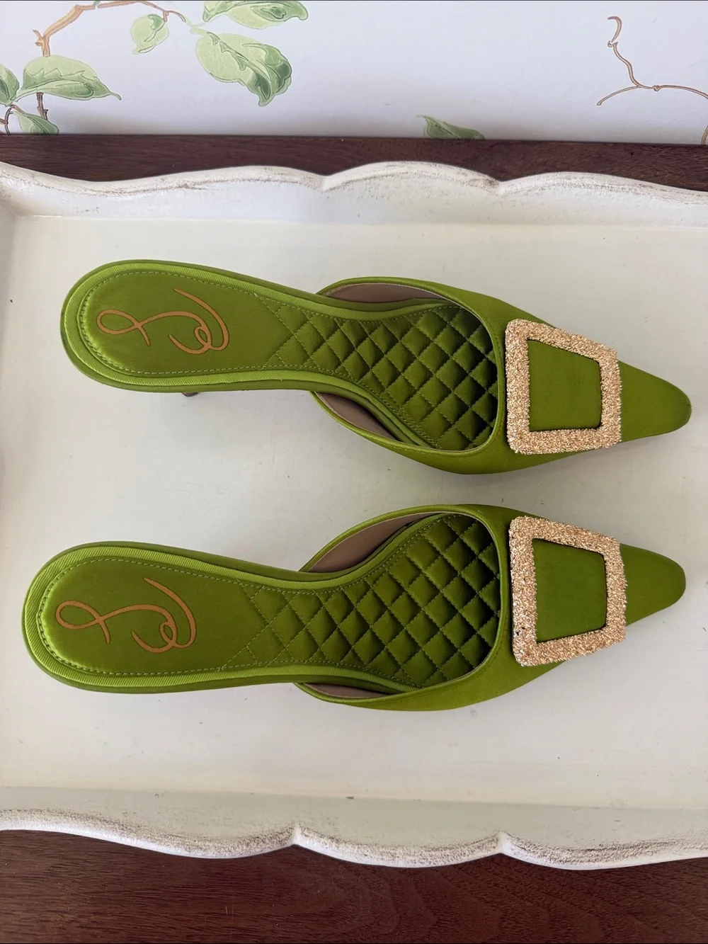 Sam Edelman Green Brit Kitten Satin Mules with Gold Buckle - Size 8.5 - Picture 3 of 14